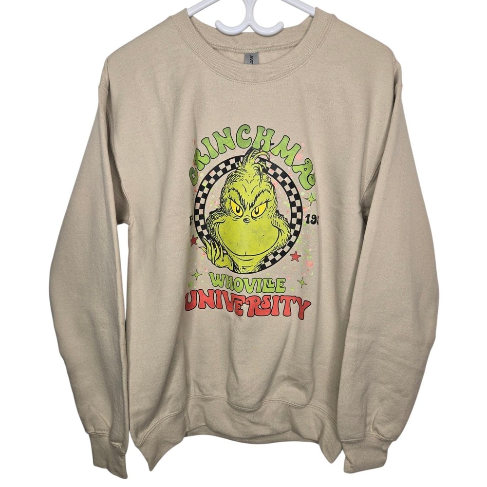 Grinchmas Whoville‎ University Crewneck Gildan Sweatshirt Beige Christmas Small - Picture 2 of 8